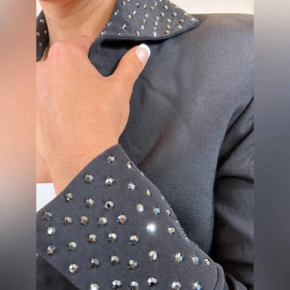 Vintage David Josef Black Jewel Embellished Collar & Sleeves Jacket Blazer - Picture 2 of 7